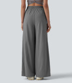 High Waisted Drawstring Wide Leg Stripe Quick Dry InstantCool Running Trousers with Pockets-UPF40+ — Steel Gray — view 2