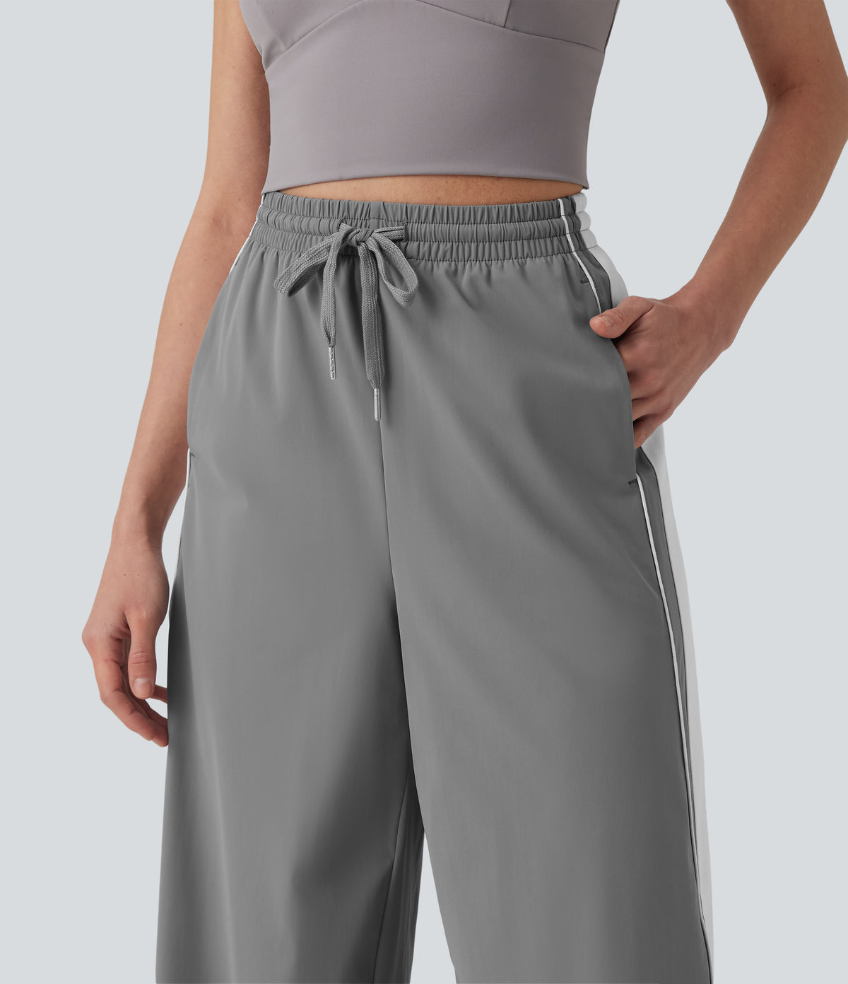 High Waisted Drawstring Wide Leg Stripe Quick Dry InstantCool Running Trousers with Pockets-UPF40+ — Steel Gray — view 4