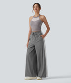 High Waisted Drawstring Wide Leg Stripe Quick Dry InstantCool Running Trousers with Pockets-UPF40+ — Steel Gray — view 5