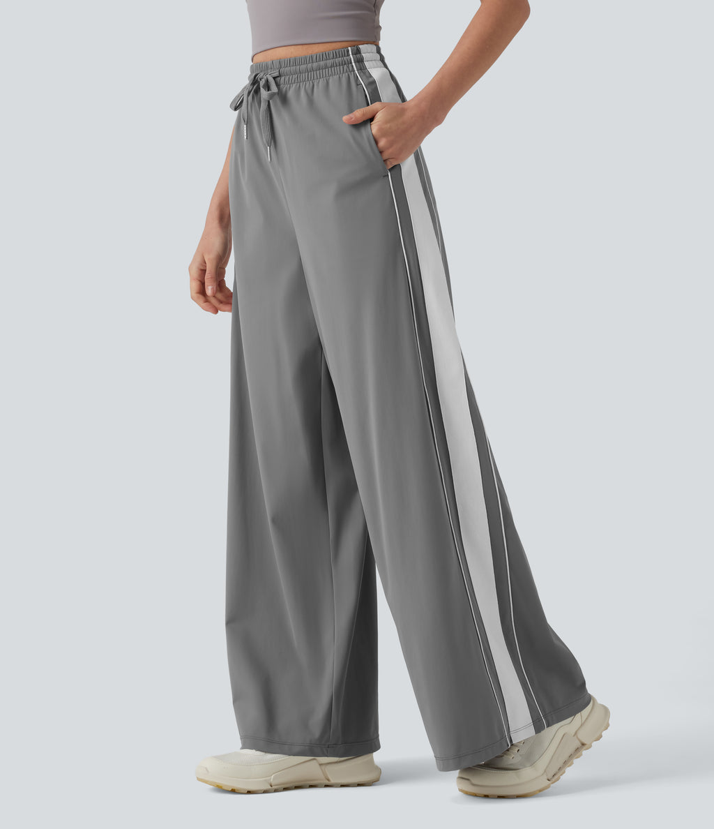 High Waisted Drawstring Wide Leg Stripe Quick Dry InstantCool Running Trousers with Pockets-UPF40+ — Steel Gray — view 1