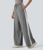 High Waisted Drawstring Wide Leg Stripe Quick Dry InstantCool Running Trousers with Pockets-UPF40+ — Steel Gray — view 1