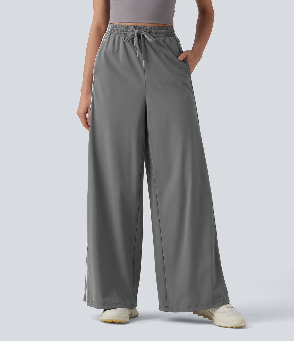 High Waisted Drawstring Wide Leg Stripe Quick Dry InstantCool Running Trousers with Pockets-UPF40+ — Steel Gray — view 3