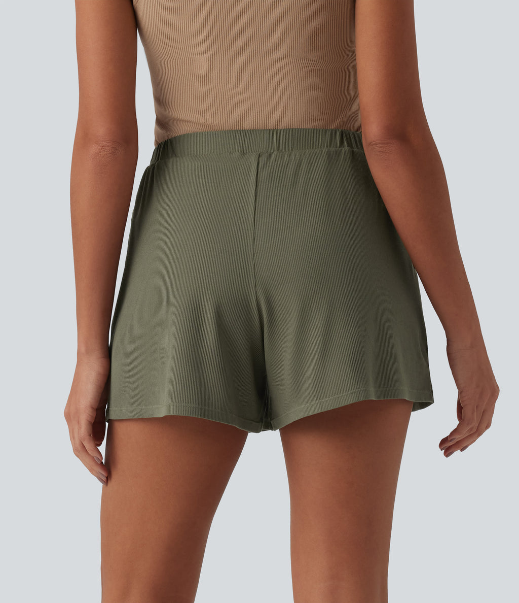 Ribbed Knit Mid Rise Casual Baggy Shorts with Pockets — Dusty Olive — view 2