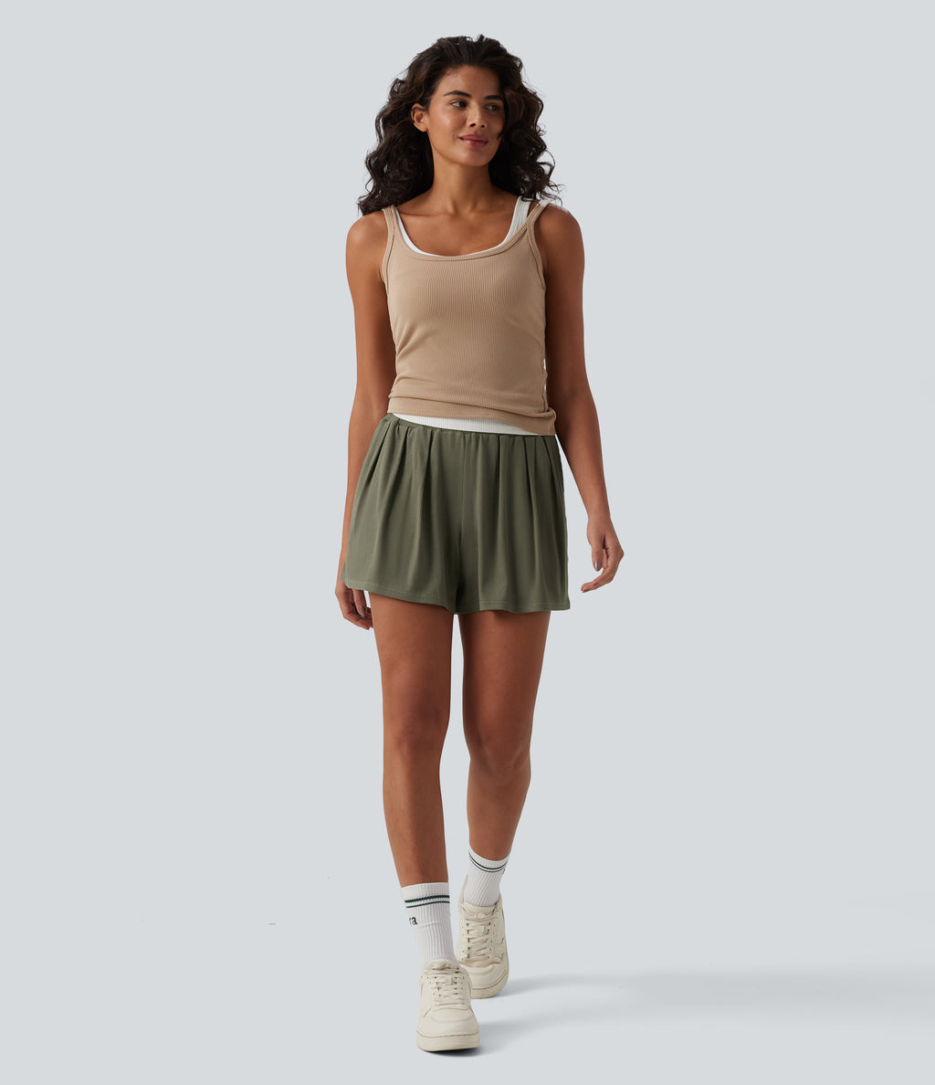 Ribbed Knit Mid Rise Casual Baggy Shorts with Pockets — Dusty Olive — view 5