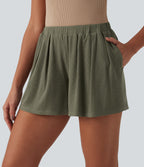 Ribbed Knit Mid Rise Casual Baggy Shorts with Pockets — Dusty Olive — view 4