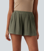 Ribbed Knit Mid Rise Casual Baggy Shorts with Pockets — Dusty Olive — view 3