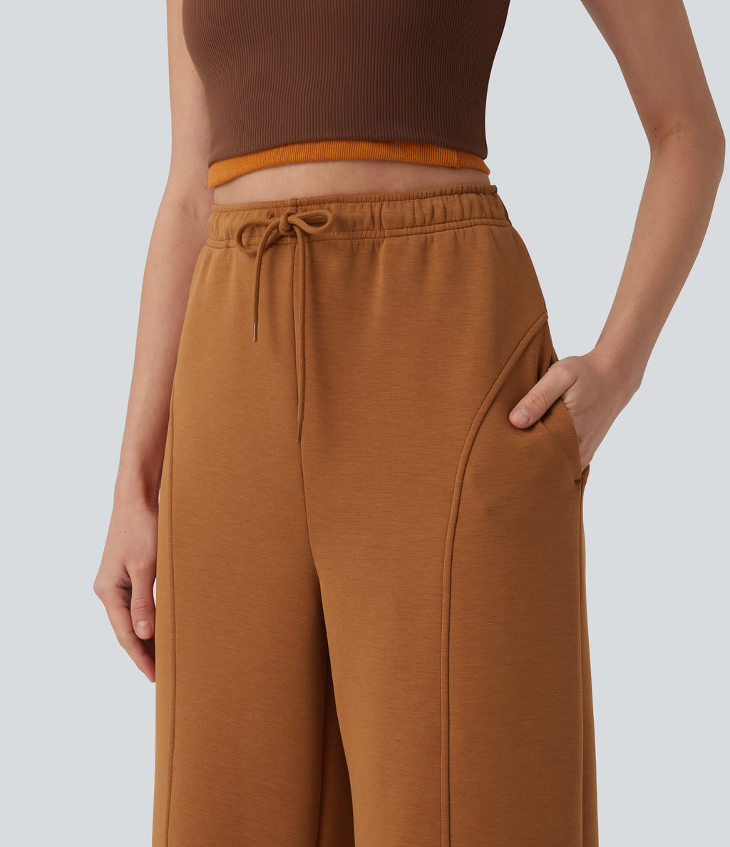 SpacerTek High Waisted Drawstring Straight Leg Casual Trousers with Pockets — Glazed Ginger — view 6