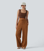 SpacerTek High Waisted Drawstring Straight Leg Casual Trousers with Pockets — Glazed Ginger — view 1