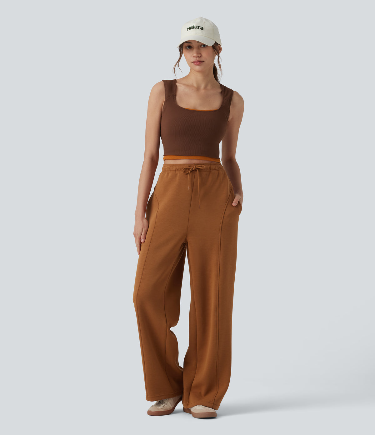 SpacerTek High Waisted Drawstring Straight Leg Casual Trousers with Pockets — Glazed Ginger — view 1