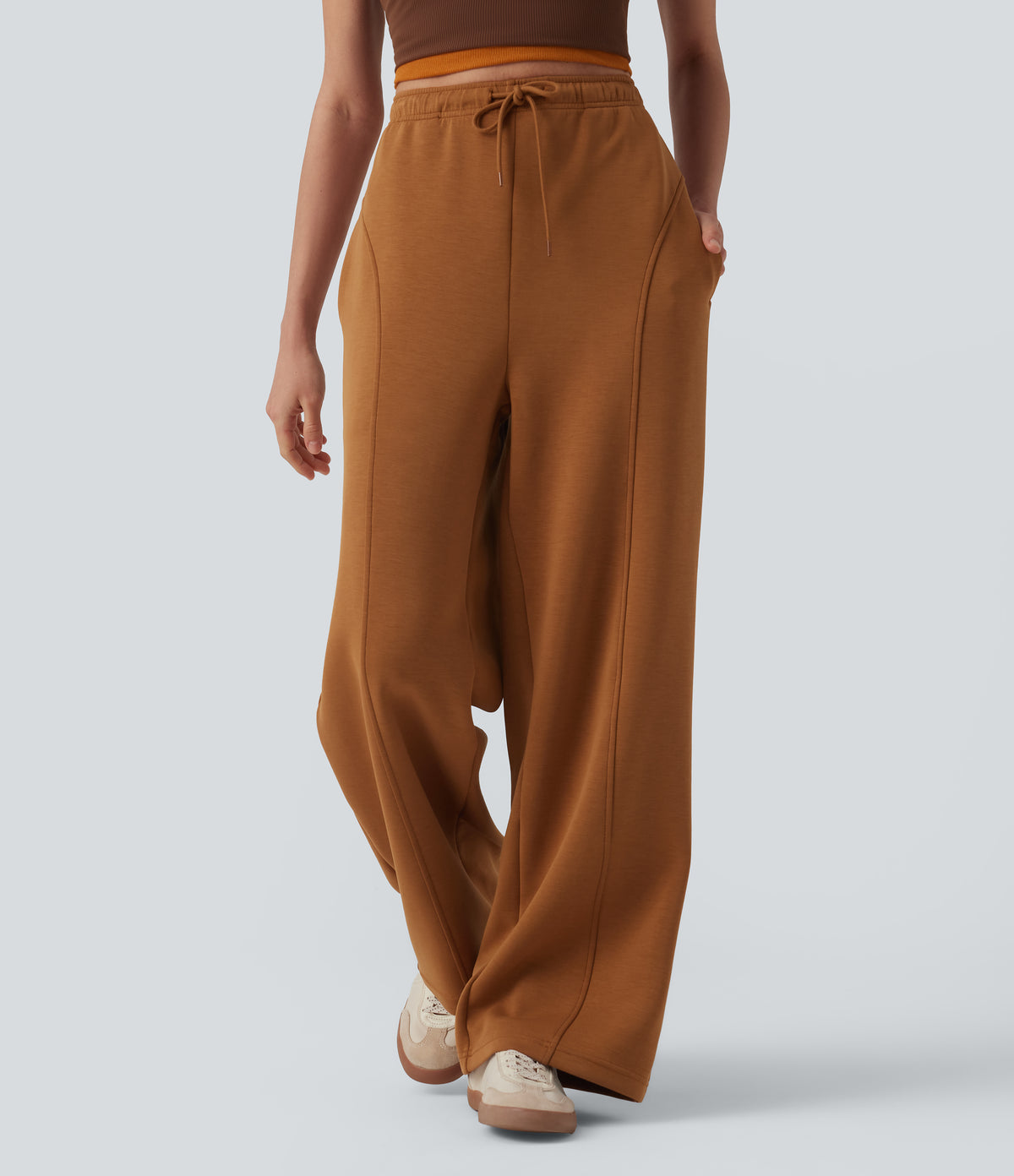SpacerTek High Waisted Drawstring Straight Leg Casual Trousers with Pockets — Glazed Ginger — view 4