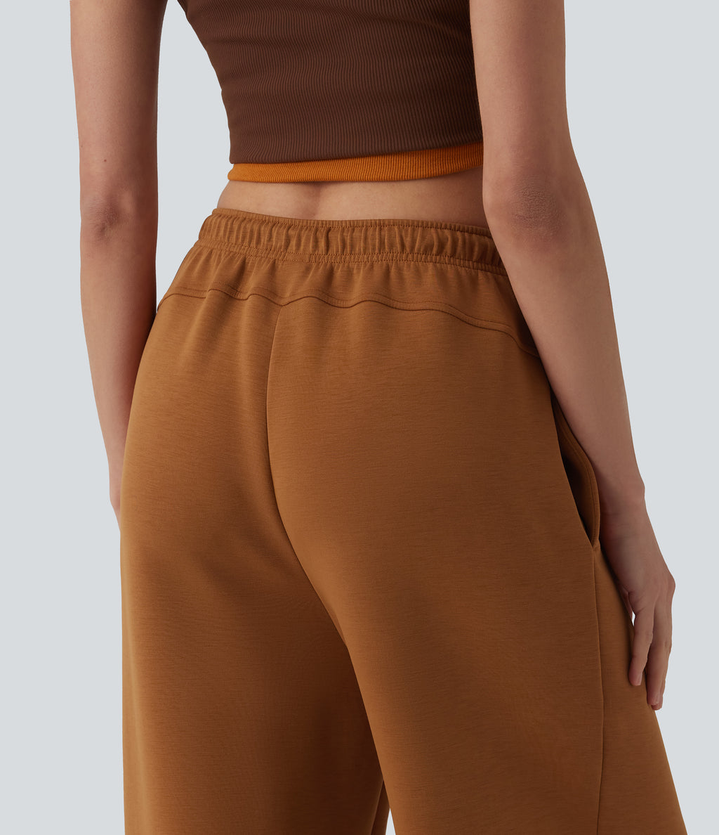 SpacerTek High Waisted Drawstring Straight Leg Casual Trousers with Pockets — Glazed Ginger — view 5