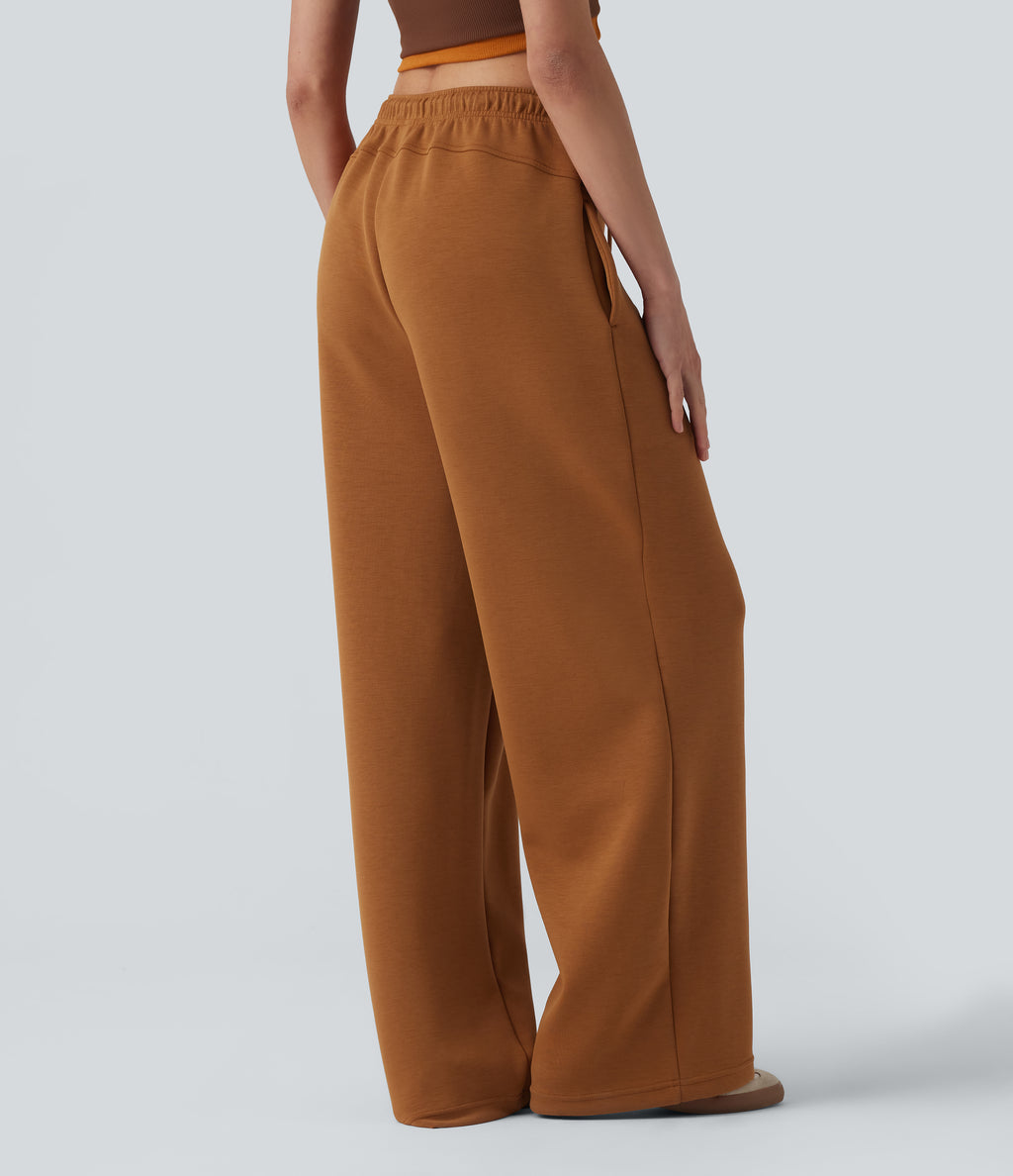 SpacerTek High Waisted Drawstring Straight Leg Casual Trousers with Pockets — Glazed Ginger — view 2
