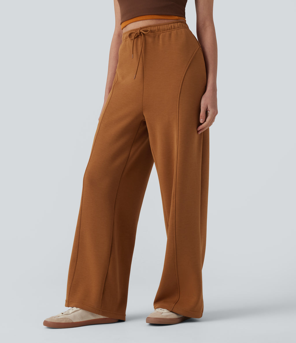 SpacerTek High Waisted Drawstring Straight Leg Casual Trousers with Pockets — Glazed Ginger — view 3