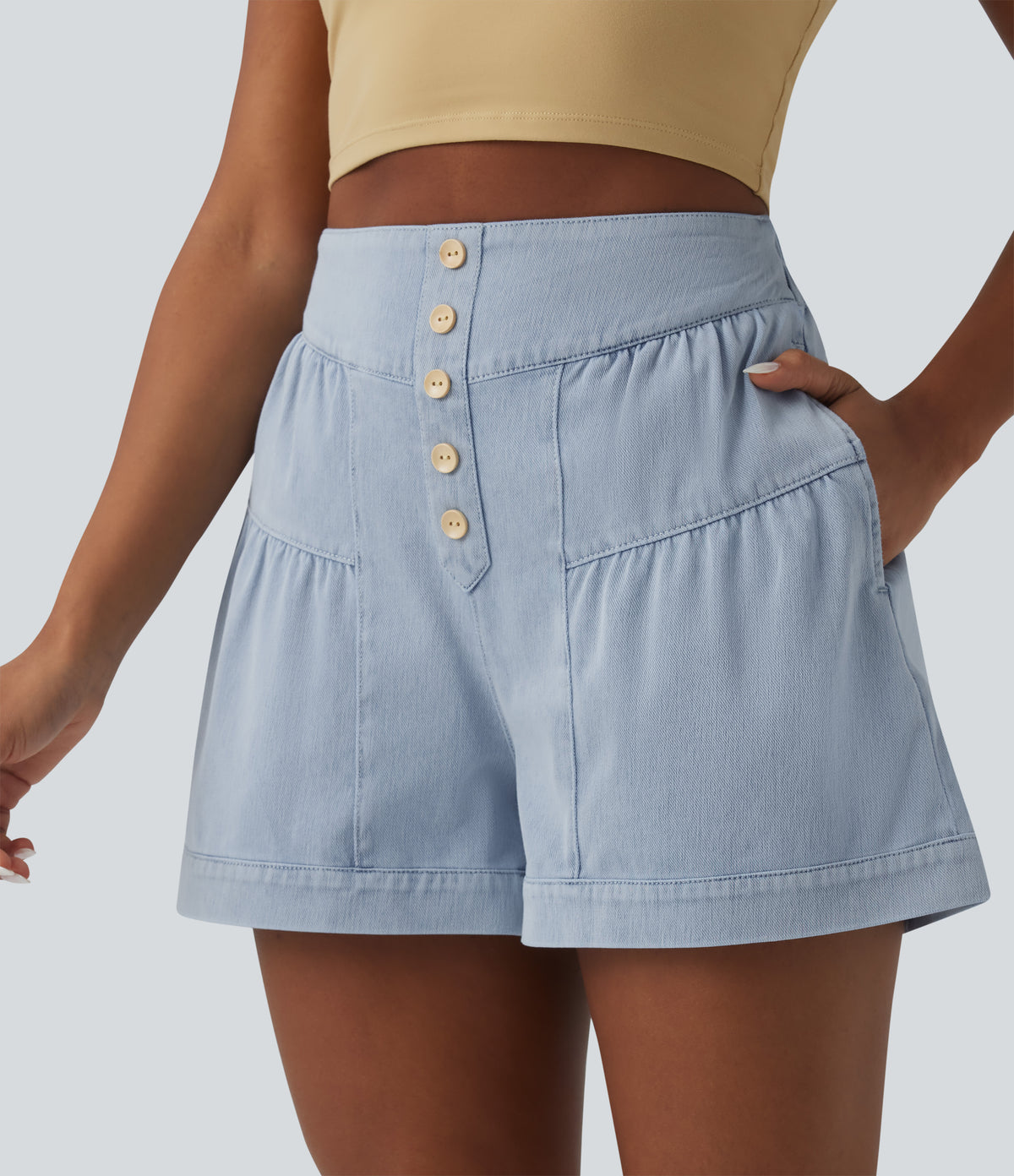 High Waisted Denim Casual Shorts 3'' with Pockets — Malibu Blue Denim — view 4