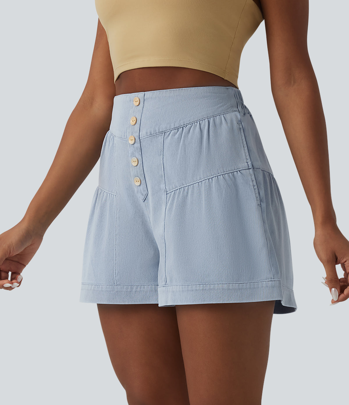 High Waisted Denim Casual Shorts 3'' with Pockets — Malibu Blue Denim — view 3