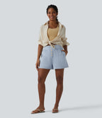 High Waisted Denim Casual Shorts 3'' with Pockets — Malibu Blue Denim — view 6