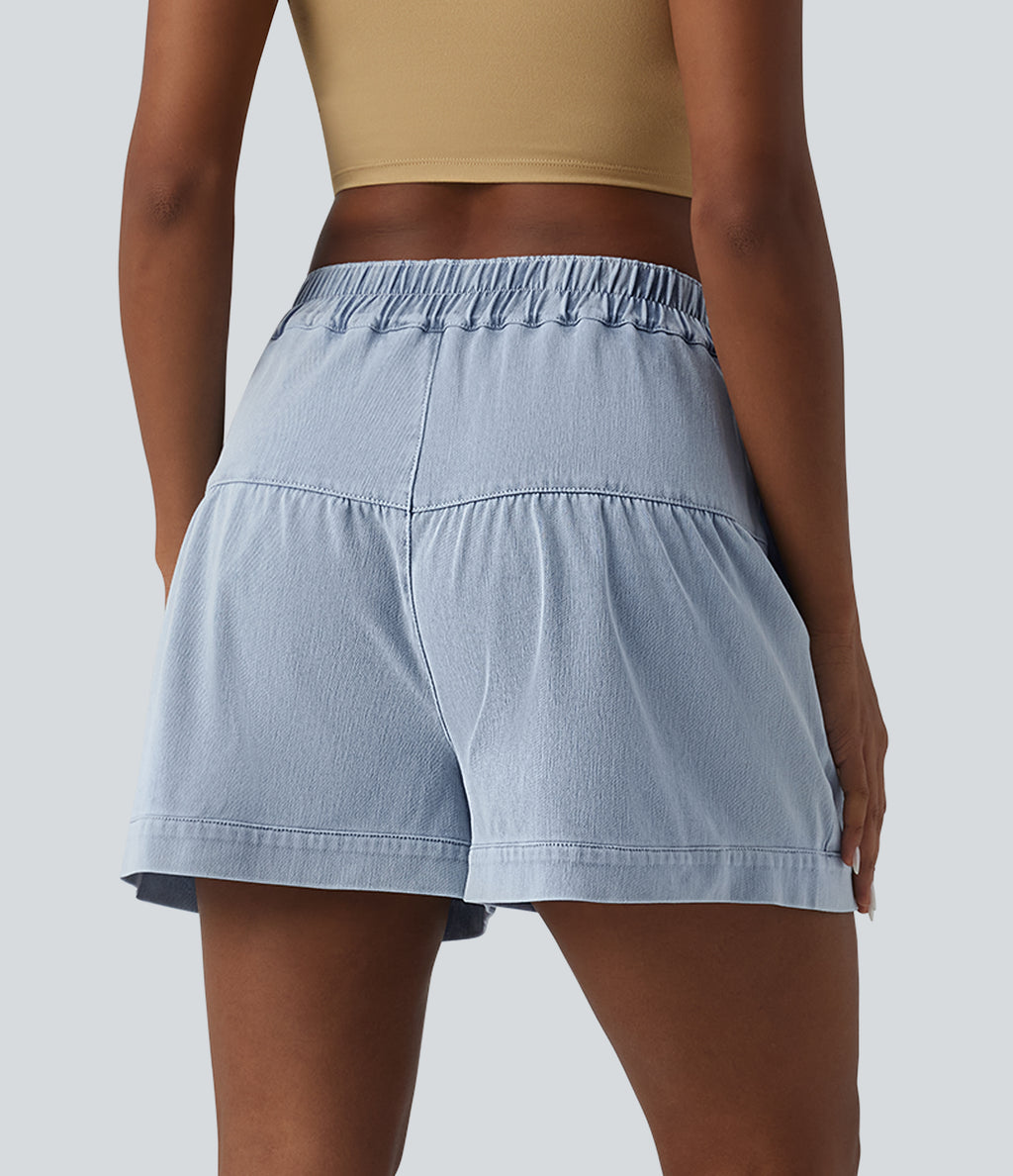 High Waisted Denim Casual Shorts 3'' with Pockets — Malibu Blue Denim — view 2