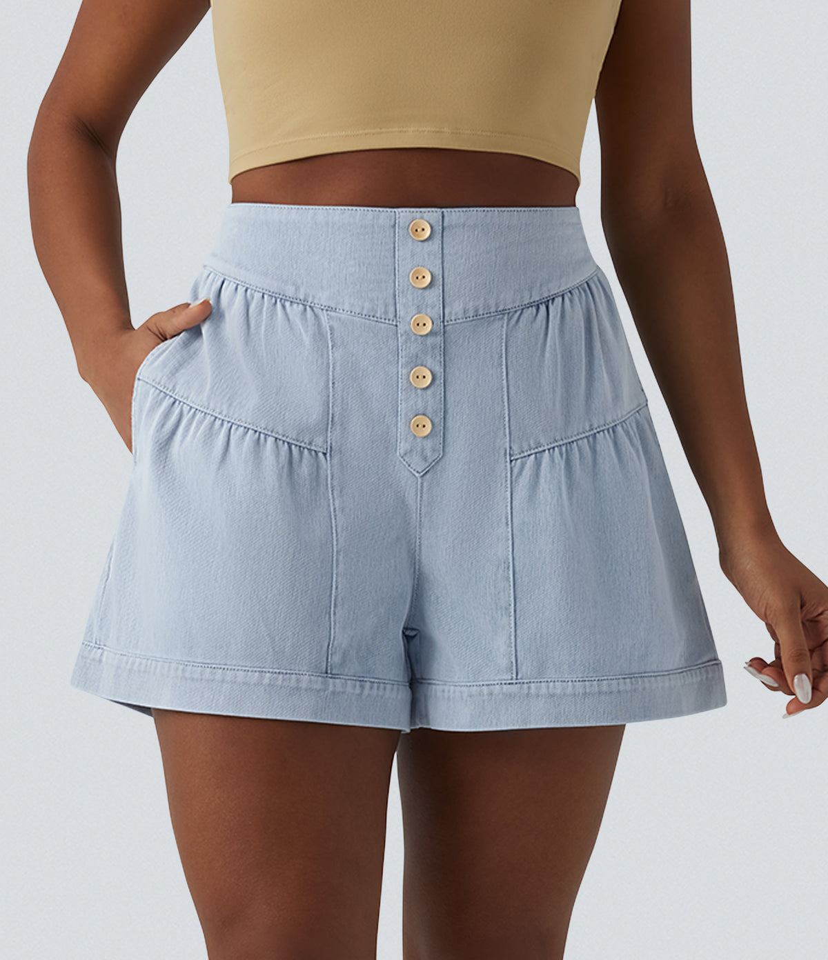 High Waisted Denim Casual Shorts 3'' with Pockets — Malibu Blue Denim — view 1