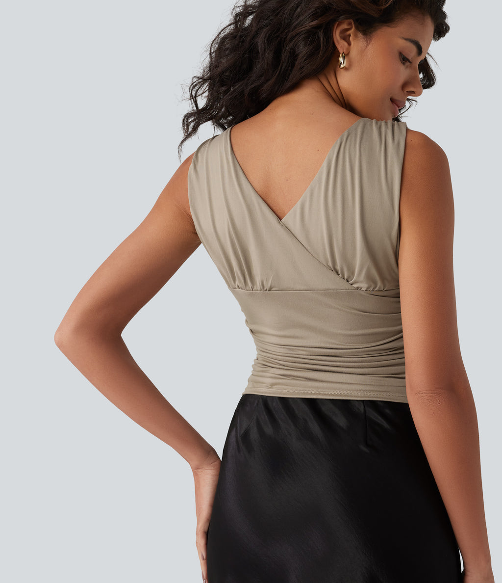 Deep V-neck Crossover Ruched Casual Tank Top — Greige — view 5