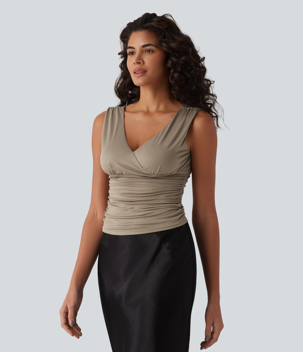 Deep V-neck Crossover Ruched Casual Tank Top — Greige — view 4