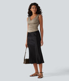 Deep V-neck Crossover Ruched Casual Tank Top — Greige — view 6