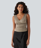 Deep V-neck Crossover Ruched Casual Tank Top — Greige — view 3