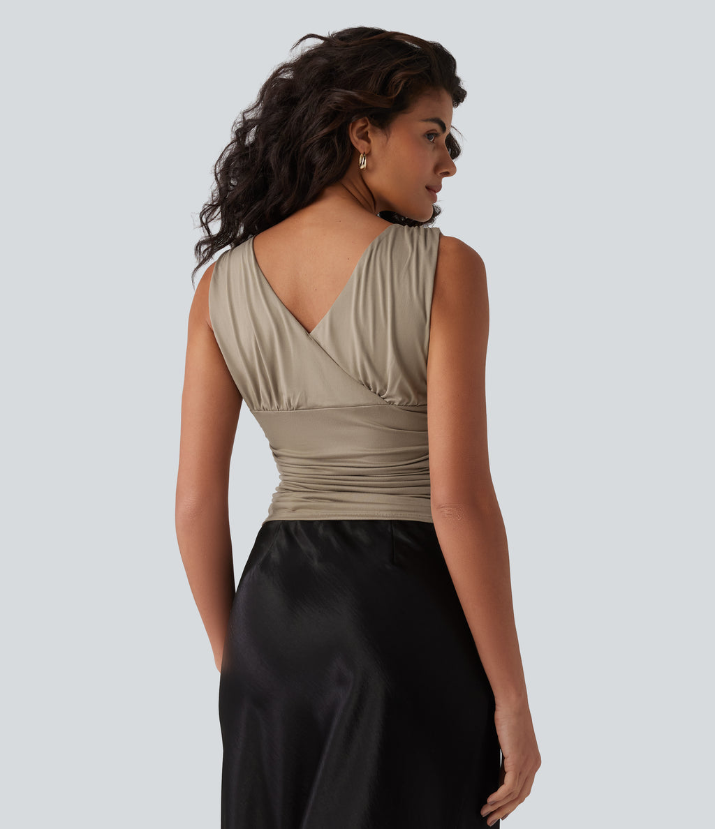 Deep V-neck Crossover Ruched Casual Tank Top — Greige — view 2
