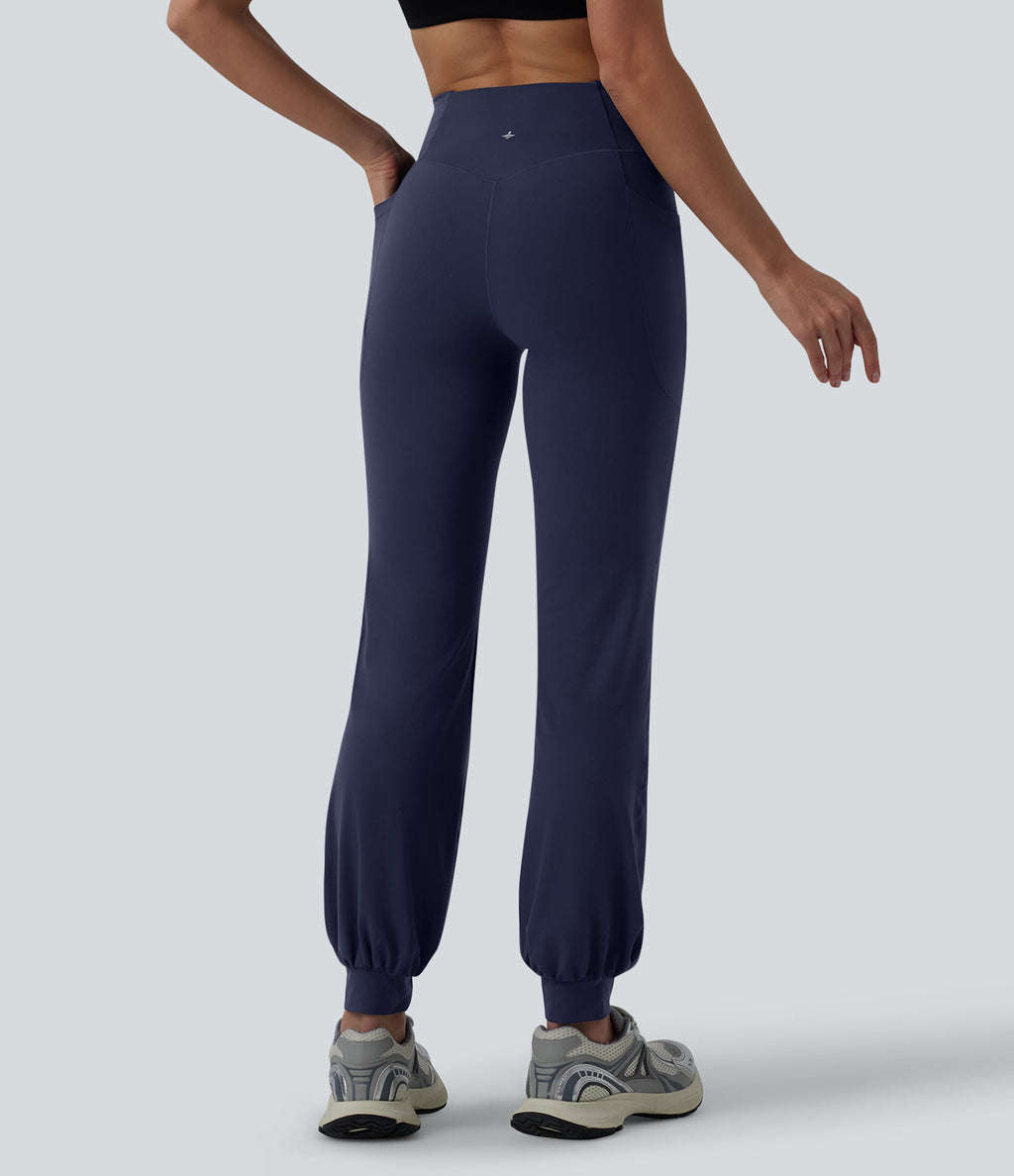High Waisted Crossover Dance Joggers with Pockets — Peacoat — view 4