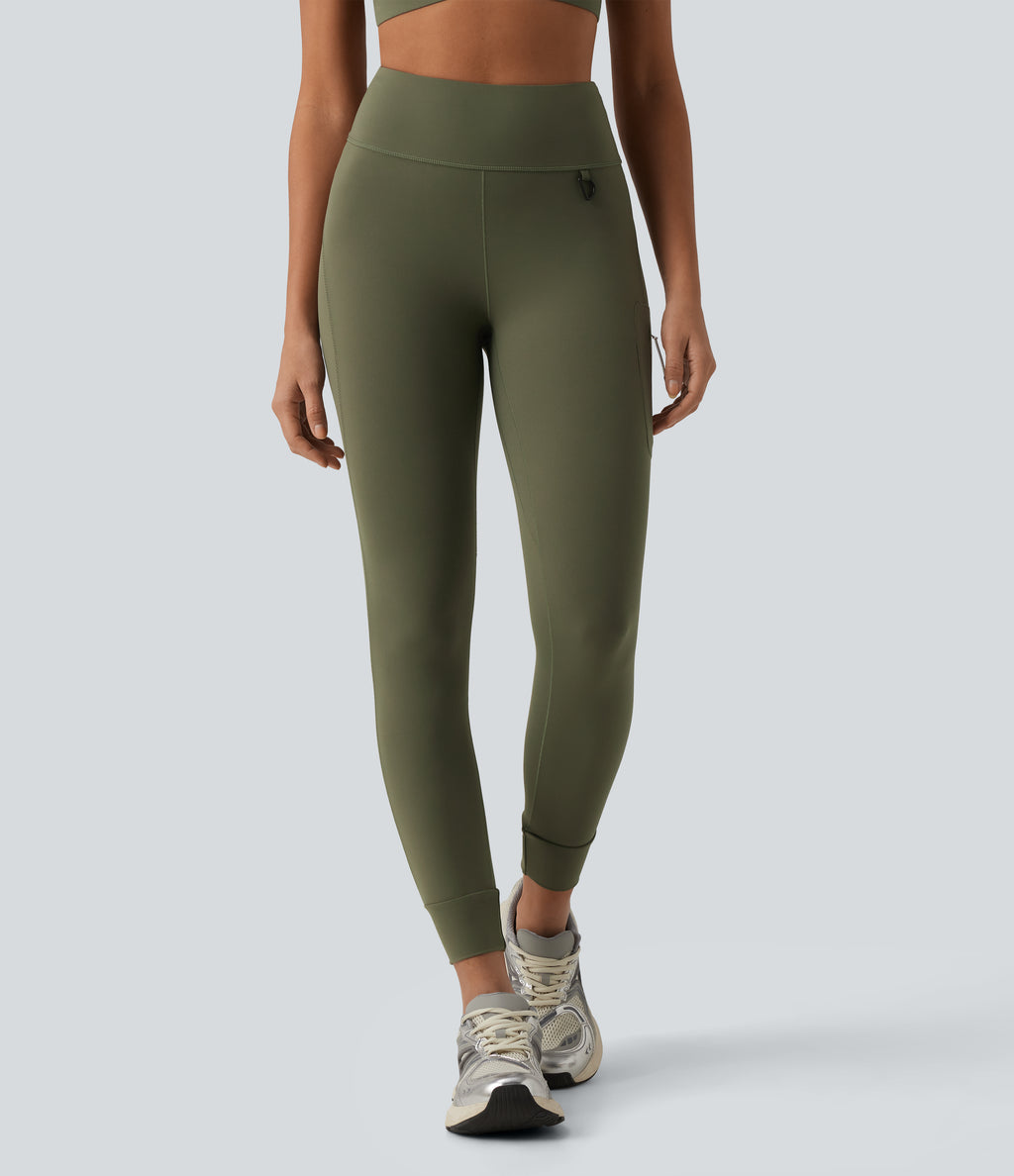 High Waisted D-Buckle Hiking 7/8 Leggings with Zip Pocket — Grass Grey Green — view 3