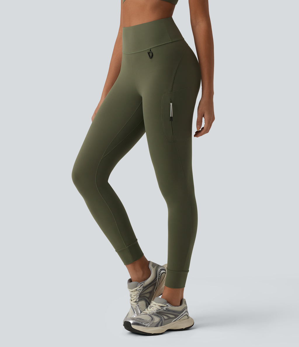 High Waisted D-Buckle Hiking 7/8 Leggings with Zip Pocket — Grass Grey Green — view 1