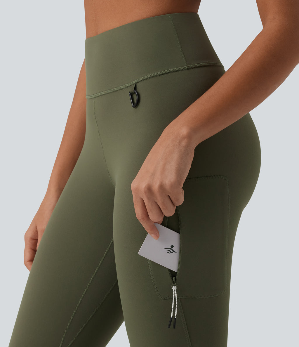 High Waisted D-Buckle Hiking 7/8 Leggings with Zip Pocket — Grass Grey Green — view 5