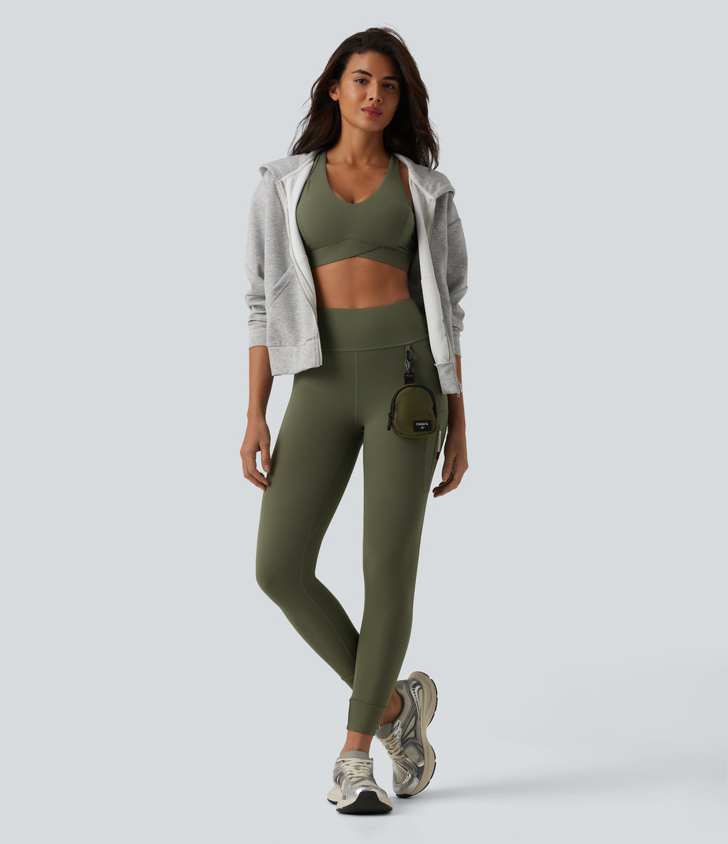 High Waisted D-Buckle Hiking 7/8 Leggings with Zip Pocket — Grass Grey Green — view 7