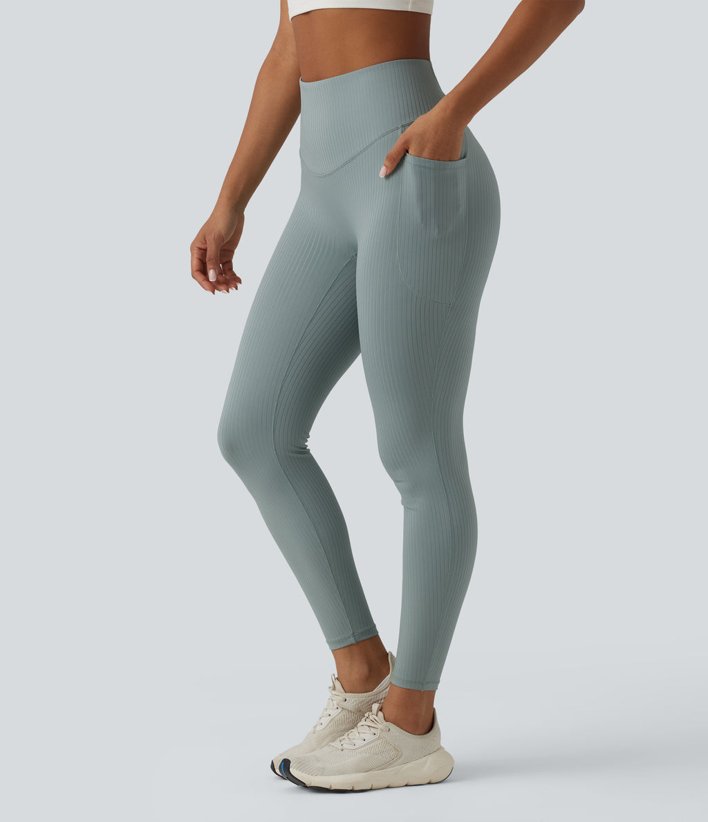 Ribbed Knit High Waisted Tummy Control Workout Leggings with Pockets — Silver Blue — view 3