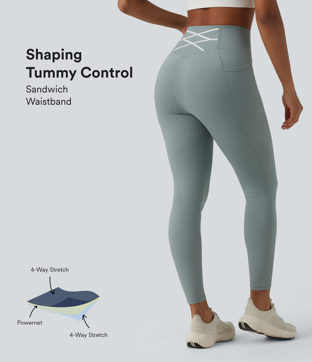 Ribbed Knit High Waisted Tummy Control Workout Leggings with Pockets — Silver Blue — view 1