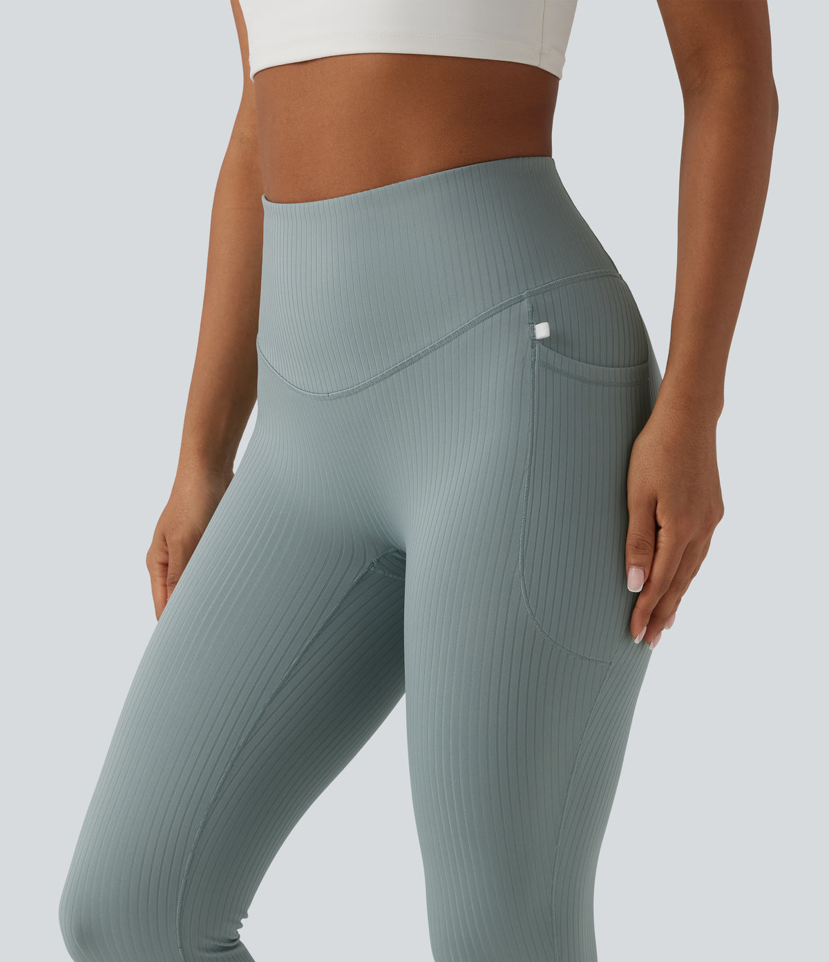 Ribbed Knit High Waisted Tummy Control Workout Leggings with Pockets — Silver Blue — view 5