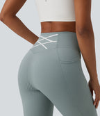 Ribbed Knit High Waisted Tummy Control Workout Leggings with Pockets — Silver Blue — view 4