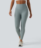 Ribbed Knit High Waisted Tummy Control Workout Leggings with Pockets — Silver Blue — view 2