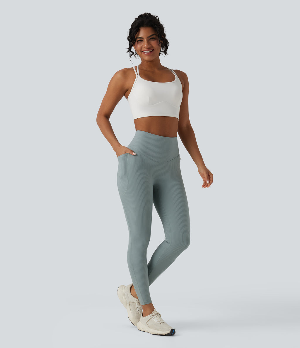 Ribbed Knit High Waisted Tummy Control Workout Leggings with Pockets — Silver Blue — view 6