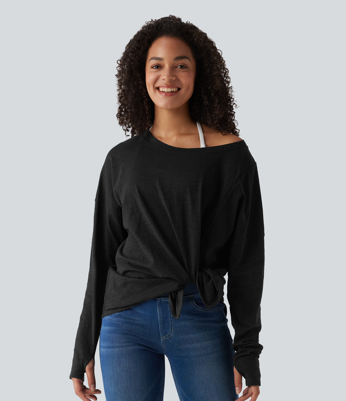 Boat Neck Long Sleeve Thumb Hole Tie Side Casual Cotton T-Shirt — Black — view 4