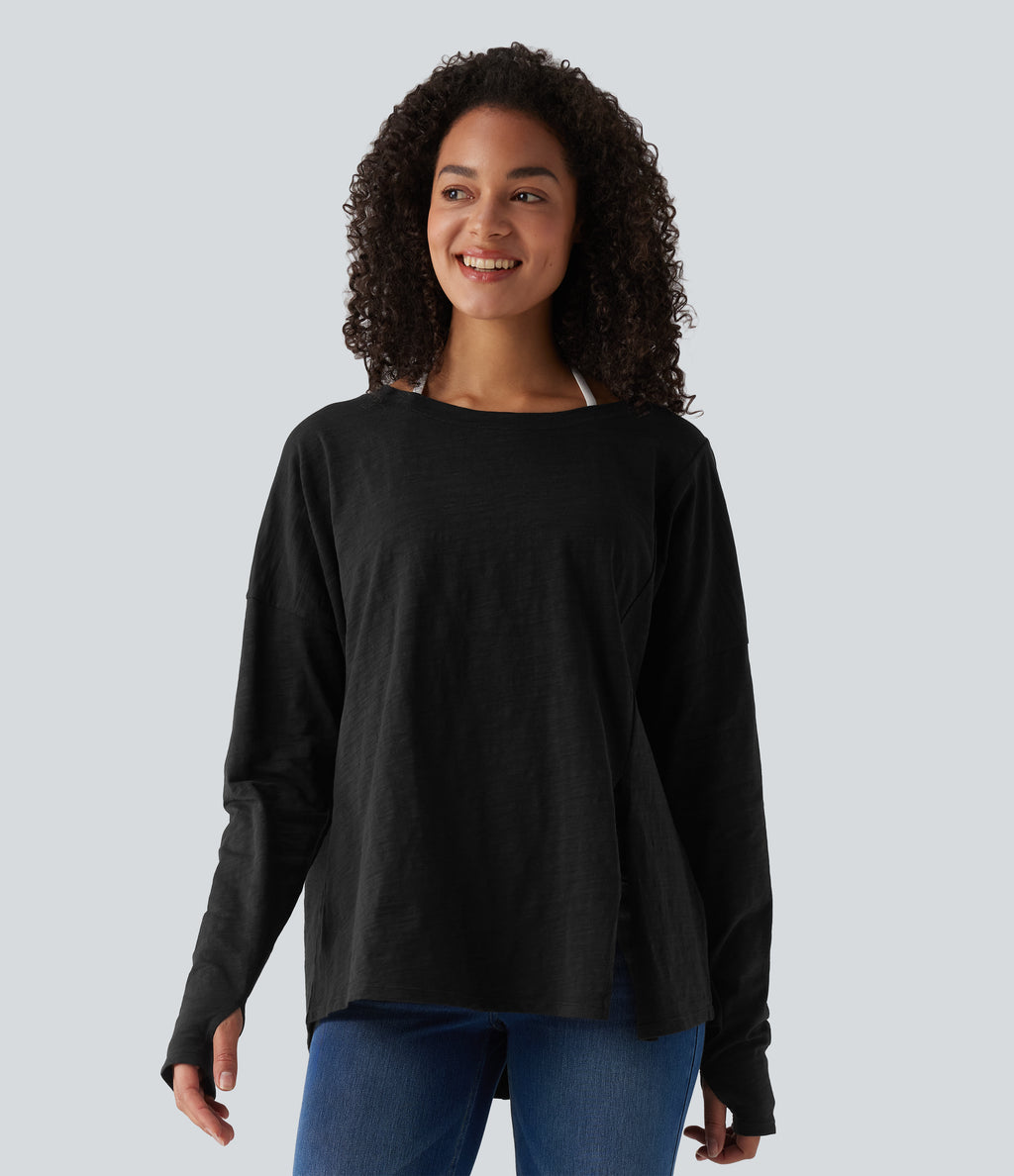 Boat Neck Long Sleeve Thumb Hole Tie Side Casual Cotton T-Shirt — Black — view 7