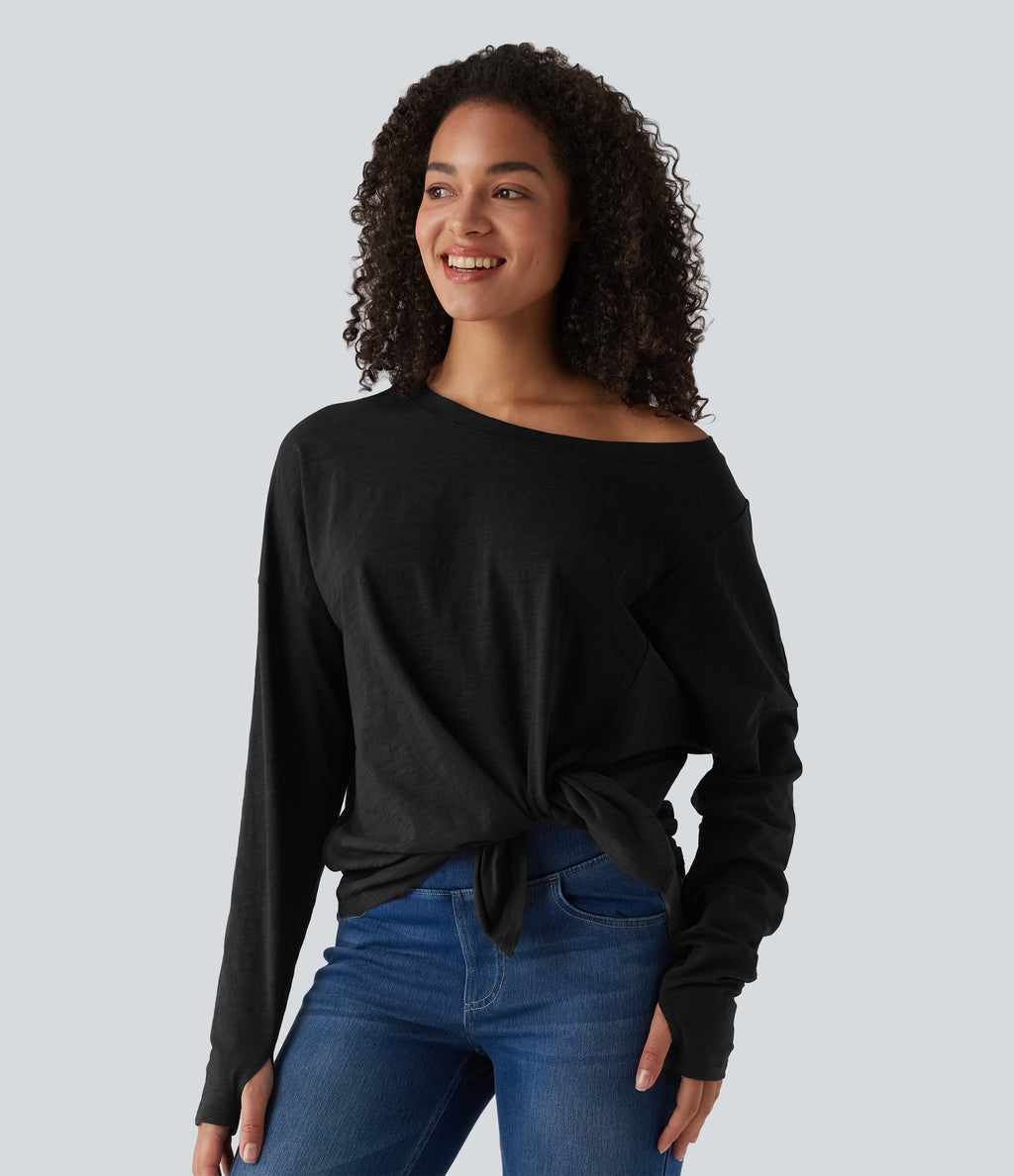 Boat Neck Long Sleeve Thumb Hole Tie Side Casual Cotton T-Shirt — Black — view 3