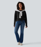Boat Neck Long Sleeve Thumb Hole Tie Side Casual Cotton T-Shirt — Black — view 8