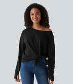 Boat Neck Long Sleeve Thumb Hole Tie Side Casual Cotton T-Shirt — Black — view 1