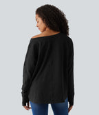 Boat Neck Long Sleeve Thumb Hole Tie Side Casual Cotton T-Shirt — Black — view 2