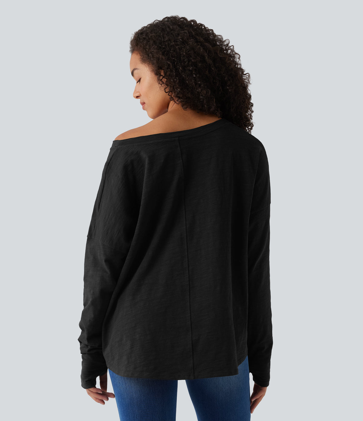 Boat Neck Long Sleeve Thumb Hole Tie Side Casual Cotton T-Shirt — Black — view 2