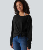 Boat Neck Long Sleeve Thumb Hole Tie Side Casual Cotton T-Shirt — Black — view 5