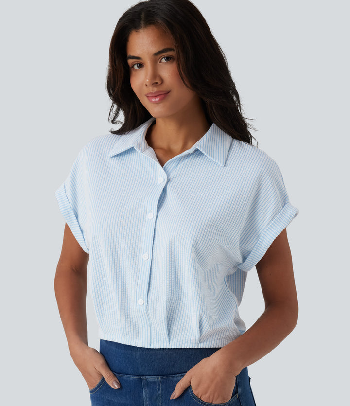 Collar Batwing Sleeve Stripes Crinkle Cotton Casual Shirt — Cloud Weave Light Blue Stripe — view 1