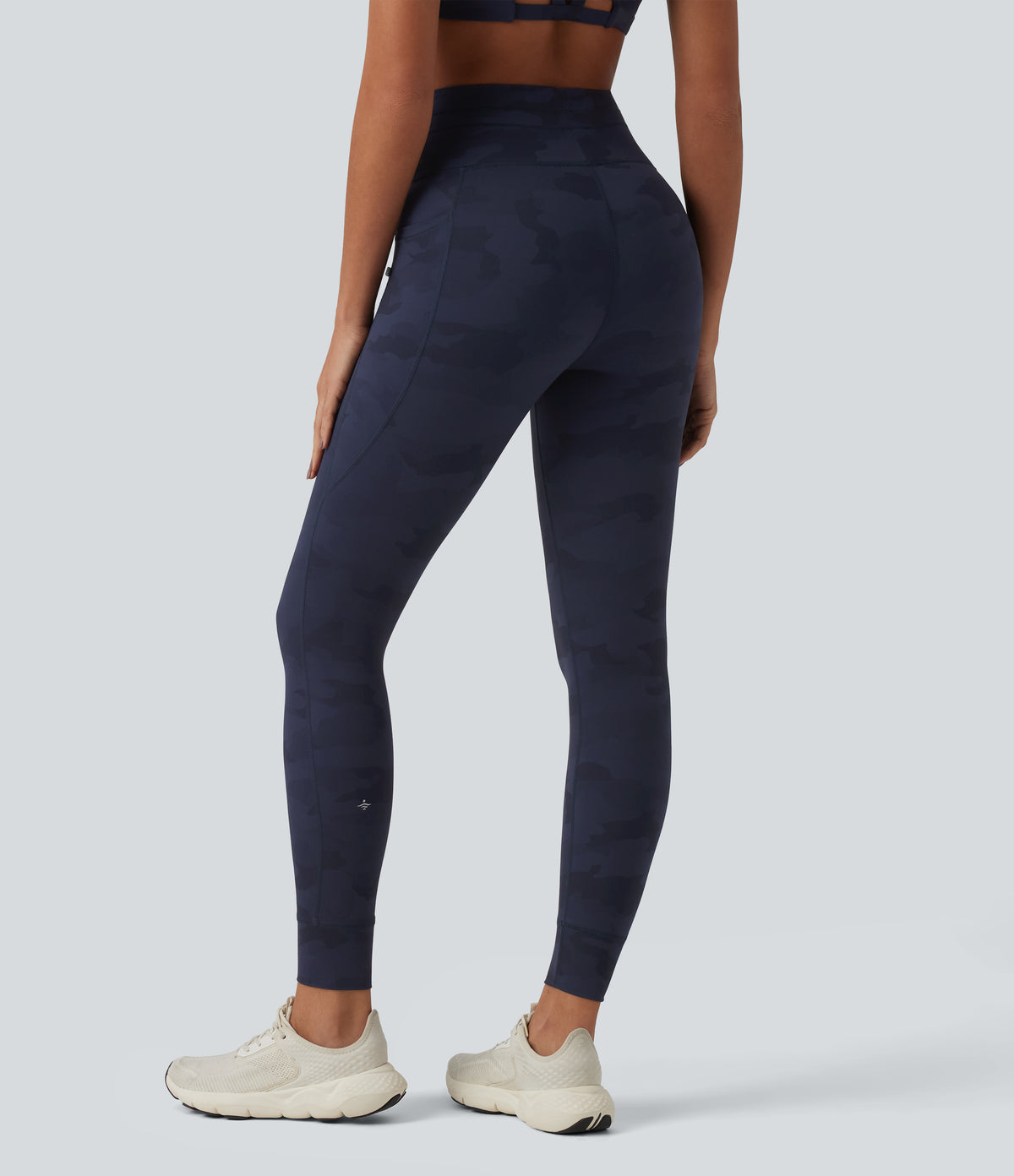 Camo Print High Waisted Drawstring Yoga Leggings with Pockets — Navy Camo — view 2