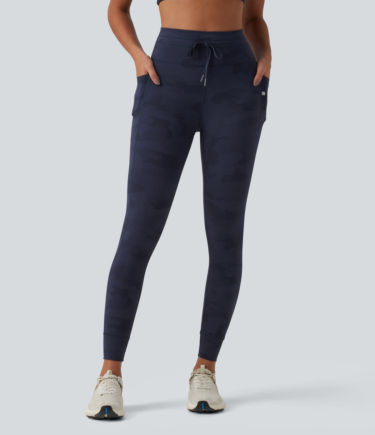 Camo Print High Waisted Drawstring Yoga Leggings with Pockets — Navy Camo — view 3