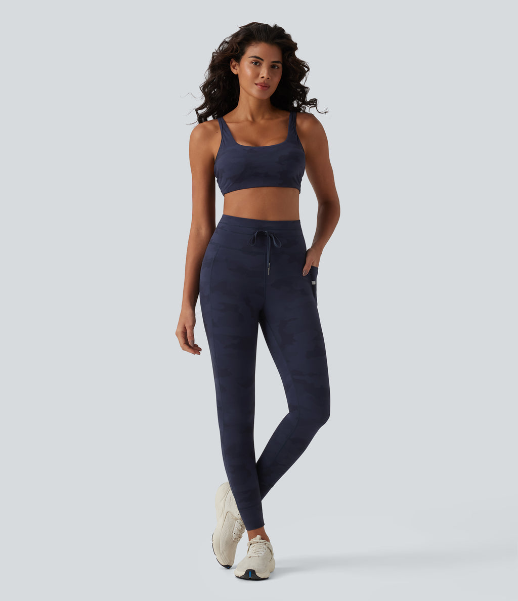 Camo Print High Waisted Drawstring Yoga Leggings with Pockets — Navy Camo — view 7